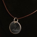 Inspirational Pendant Necklace with Engraved Cross - Brown Leather Inspirational Necklace
